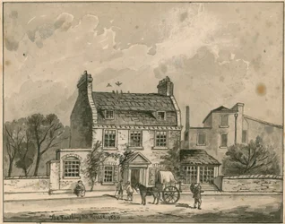 The Farthing Pie House, Londres, dessin original daté de 1820