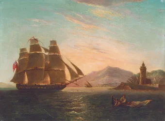 La frégate HMS Pearl, 32 canons, entrant dans le Faro, Messine
