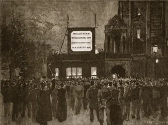 Élection générale de 1892 : Annonce des résultats au National Liberal Club, illustration de Cassells Illustrated History of England