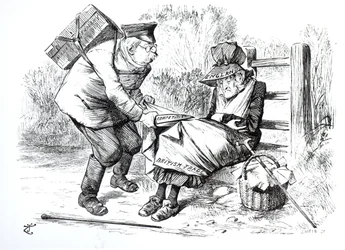Le voyageur de commerce allemand volant des parts de marché au commerce britannique, caricature de Punch, The London Charivari, 5 septembre 1896