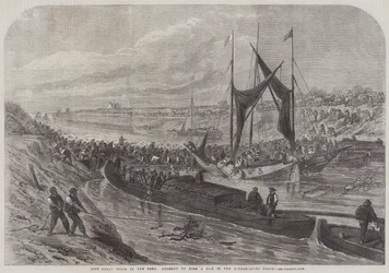 La grande inondation dans les Fens, tentative de former un barrage dans le drain de niveau moyen (gravure)