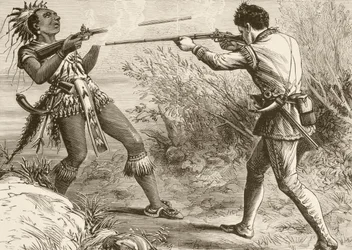 Le chef indien Paugus est tué par un milicien anglais (litho)