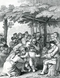 Les Indiens remettant les captifs anglais au colonel Bouquet près de son camp aux Fourches de Muskingham en Amérique du Nord, gravé par Canot, 1764