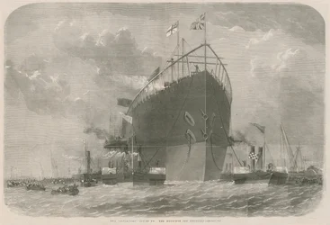 Le Leviathan remorqué à son mouillage au large de Deptford