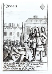 Les servantes de Taunton agenouillées devant le duc de Monmouth, 18 juin 1685, carte à jouer reine de carreau d