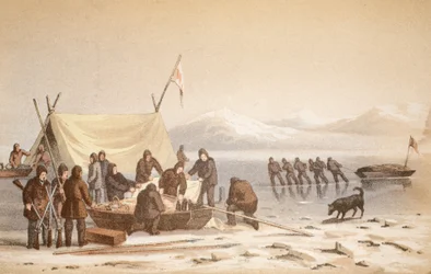 La Rencontre dans le Canal de Wellington, 14 juin 1851, illustration de Voyage à la Baie de Baffin et aux Détroits de Barrow..., 1852 (gravure en couleurs)