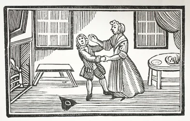 La méthode que Meg a utilisée pour faire payer un des vicaires, illustration de Chap-books du XVIIIe siècle par John Ashton, pub. 1882