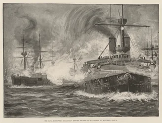Les manœuvres navales, engagement entre les flottes rouge et bleue au large de Holyhead, 31 juillet (lithographie)