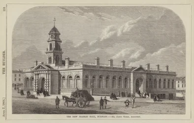 Nouveau Hall du Marché, Burnley, M. James Green, Architecte (gravure)