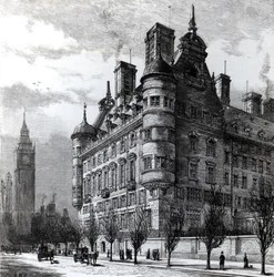 Les nouveaux bureaux de police sur le Victoria Embankment, gravé par H.W.B., publié dans 