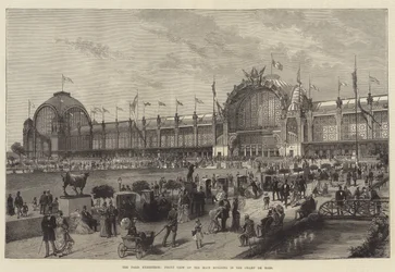 Exposition de Paris, vue de face du bâtiment principal au Champ de Mars (gravure)
