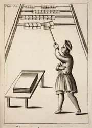Le presseur accrochant du papier, pub. 1683 gravure