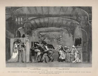 La production de Falstaff de Giuseppe Verdi à Milan, Falstaff caché dans le panier à linge dans la maison de Ford. Illustration pour The Graphic