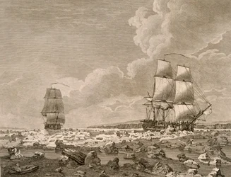 Le Racehorse et le Carcass forçant la glace, 10 août 1773, de A Voyage Towards the North Pole Undertaken by His Majesty