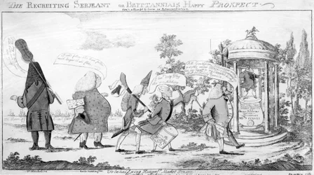 Le Sergent Recruteur ou la Perspective Heureuse de Britannia, gravure réalisée par George Townshend, 1757