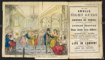 « The Royal Saxe Coburg Saloon ». Un groupe de personnes dansant, mangeant et buvant, « Le nouveau guide nocturne du dandy dans les bosquets de Vénus ... Un guide complet de la vie à Londres destiné aux étrangers ! »