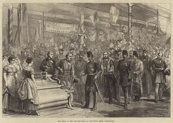 Le Shah dans la salle de tissage des moulins de Haworth, Manchester