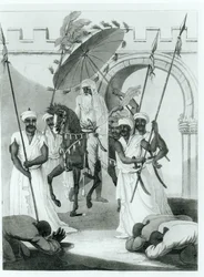 Le sultan du Maroc sortant pour donner audience, de Travels through France and Spain to Morocco par Maurice Keatinge, publié en 1817