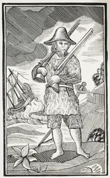 La vie surprenante et les aventures les plus étranges de Robinson Crusoé de la ville de York, marin, illustration de Chap-books du XVIIIe siècle par John Ashton, pub. 1882