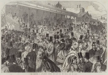 Les tribunes à Longchamps avant la course pour le Grand Prix de Paris (gravure)