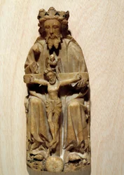La Trinité : Dieu tient son fils Jésus sur la croix. Sculpture en albâtre de l