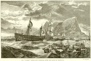 La Victoire remorquée à Gibraltar après la bataille de Trafalgar