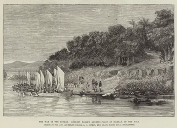 La guerre au Soudan, lieu de débarquement du général Earle à Hamdab, sur le Nil (gravure)