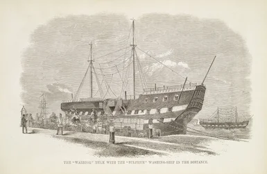 Le Hulk Warrior avec le navire de lavage au soufre au loin, extrait de The Criminal Prisons of London and Scenes of Prison Life par Henry Mayhew et John Binny, 1862