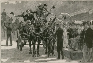 Le défilé des chevaux de trait du lundi de Pentecôte à Regents Park ; La princesse May remettant les badges