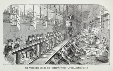 Atelier sous le système silencieux à la prison de Millbank, extrait de The Criminal Prisons of London and Scenes of Prison Life par Henry Mayhew et John Binny, 1862