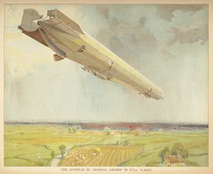 Le Zeppelin III. Dirigeable allemand en plein vol. Little people