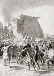 La capture de Memphis, Égypte par le roi assyrien Esarhaddon, 671 av. J.-C. (Histoire des Nations de Hutchinson, pub.1915)
