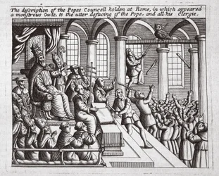 Description du concile des papes tenu à Rome, où apparut un hibou monstrueux, à la défiguration totale du pape et de tout son clergé, illustration des Actes et Monuments de John Foxe, neuvième édition