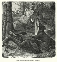 Le dragon trouve Ortnit endormi (gravure)