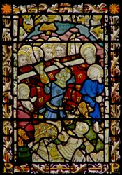 La fenêtre est représentant les funérailles de la Vierge Marie et le renversement du cercueil (le Garçon de Bourges)