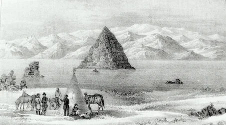 Le howitzer au lac Pyramid en janvier 1844, de Report of the Exploring Expedition to the Rocky Mountains in 1842 and to Oregon and North Carolina in 1843-44 par John C. Fremont, publié en 1845