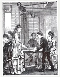 Les instruments pour transmettre des messages au siège du télégraphe de la poste, Telegraph Street, Londres, du Graphic, 1871