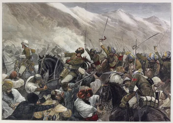 La dernière guerre afghane : Mort du Major Wigram Battye dans la bataille de Futtehabad le 30 avril (gravure en couleur)
