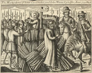 Le martyre de John Cardmaker et John Warne, tapissier, 30 mai 1555 (gravure)
