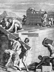 Les murs des villes chez les Gaulois sont construits de cours alternés de pierres et de poutres, gravé par Cornelis Huyberts, illustration des Commentaires de César traduit en anglais par William Duncan