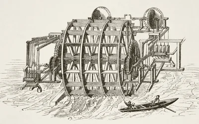 Les travaux hydrauliques du London Bridge, érigés pour la première fois en 1582, tirés de The National and Domestic History of England par William Hickman Smith Aubrey, publié à Londres vers 1890
