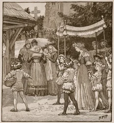 Le mariage de Jack de Newbury : la procession de la mariée, illustration de Cassells Illustrated History of England