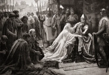 La femme du roi Édouard III, la reine Philippa de Hainaut, intercède auprès de son mari pour demander que la vie des sept bourgeois de Calais soit épargnée (impression)