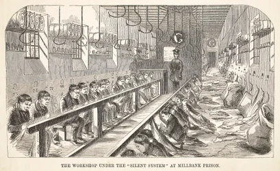 Atelier sous le système silencieux à la prison de Millbank, illustration de The Criminal Prisons of London and Scenes from Prison Life par Henry Mayhew et John Binny, pub. 1862