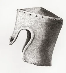 Casque cylindrique à sommet plat du XIIIe siècle avec nasal, déterré au château de Montgomery en 1841, tiré de L
