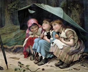 Trois petits chatons (filles et chatons se serrant sous un parapluie)