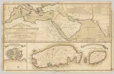 Trois cartes imprimées en couleur : Nouvelle carte de Fairburn montrant la route du général Bonaparte en mer Méditerranée, 1798