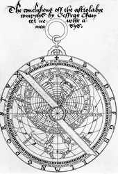 Page de titre de The Conclusions of the Astrolabye compilé par Geoffrey Chaucer, nouvellement amendé par Walter Stevins, vers 1555