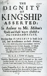 Page de titre pour La Dignité de la Royauté Affirmée par G.S. un Amoureux de la Loyauté, publié en 1660