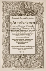 Page de titre des Acts of Parliament, imprimé par Christopher Barker (1528-99), 1585